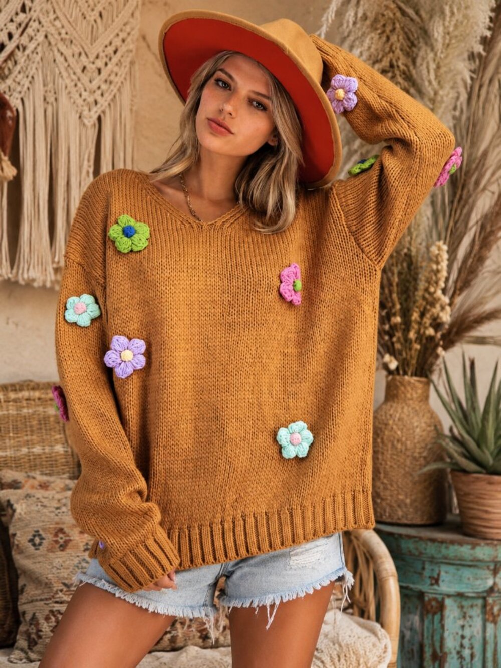 🌸🪶☮️Easel Daisy Flower Appliqué Knit Sweater Pullover NWT - Picture 1 of 8